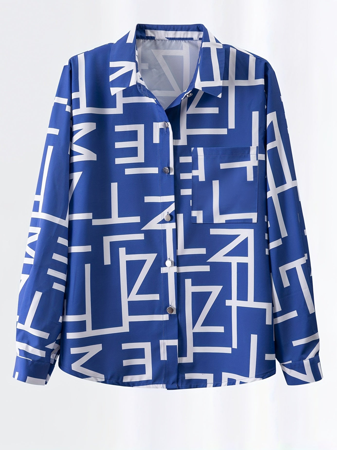  Letter Print Button Up Long Sleeve Blouse