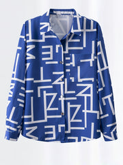  Letter Print Button Up Long Sleeve Blouse