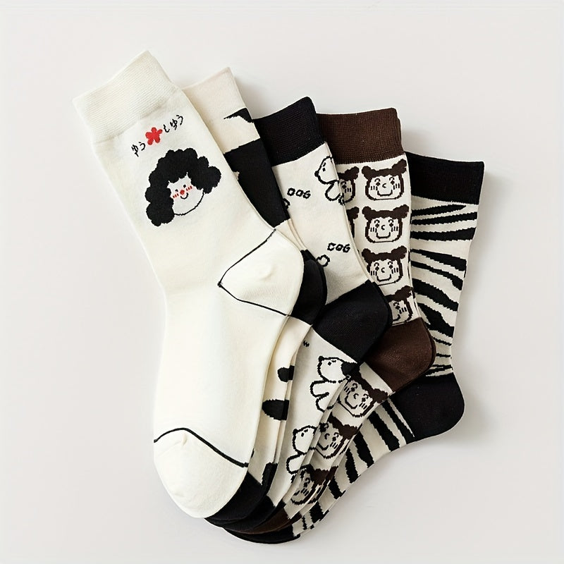 5 Pairs Cartoon Pattern Socks Comfy & Mid Tube Socks Women's Stockings