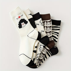 5 Pairs Cartoon Pattern Socks Comfy & Mid Tube Socks Women's Stockings