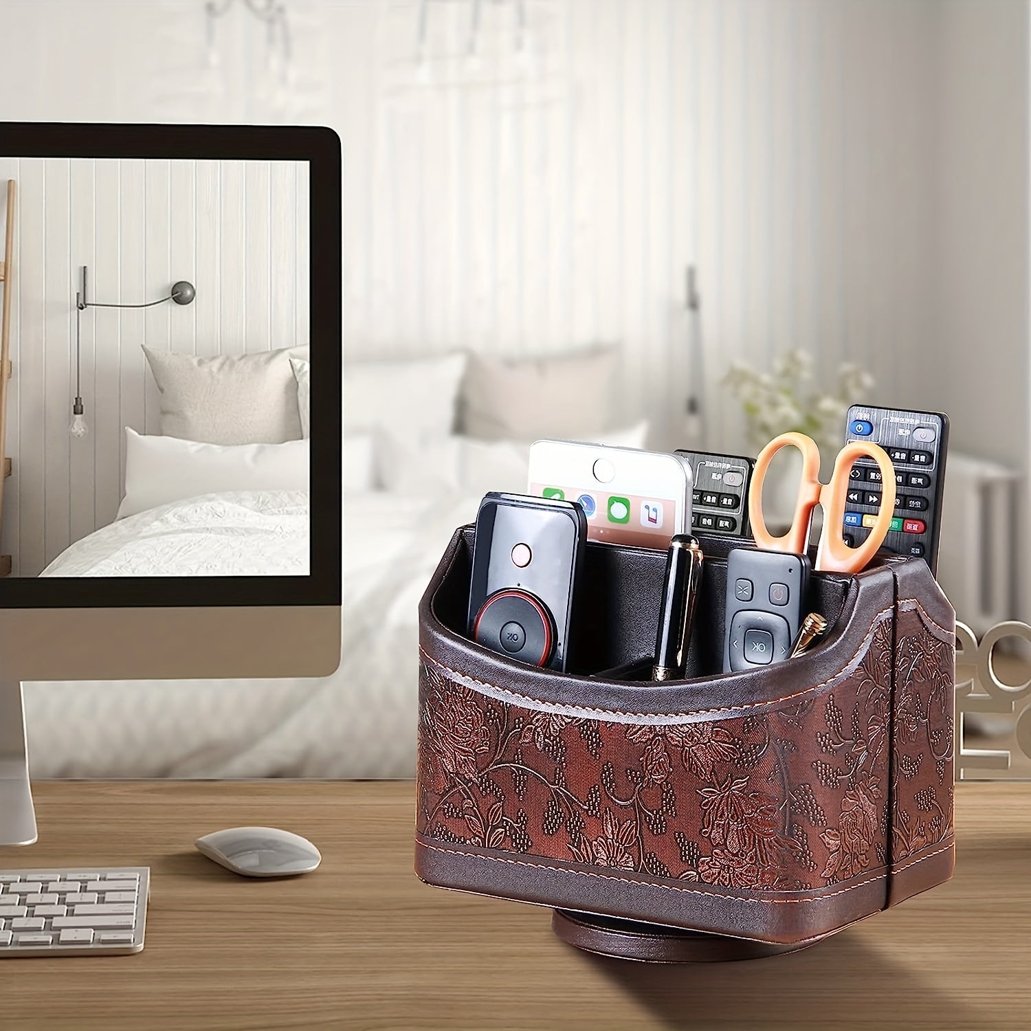 Rotating Remote Control Holder PU Leather Organizer