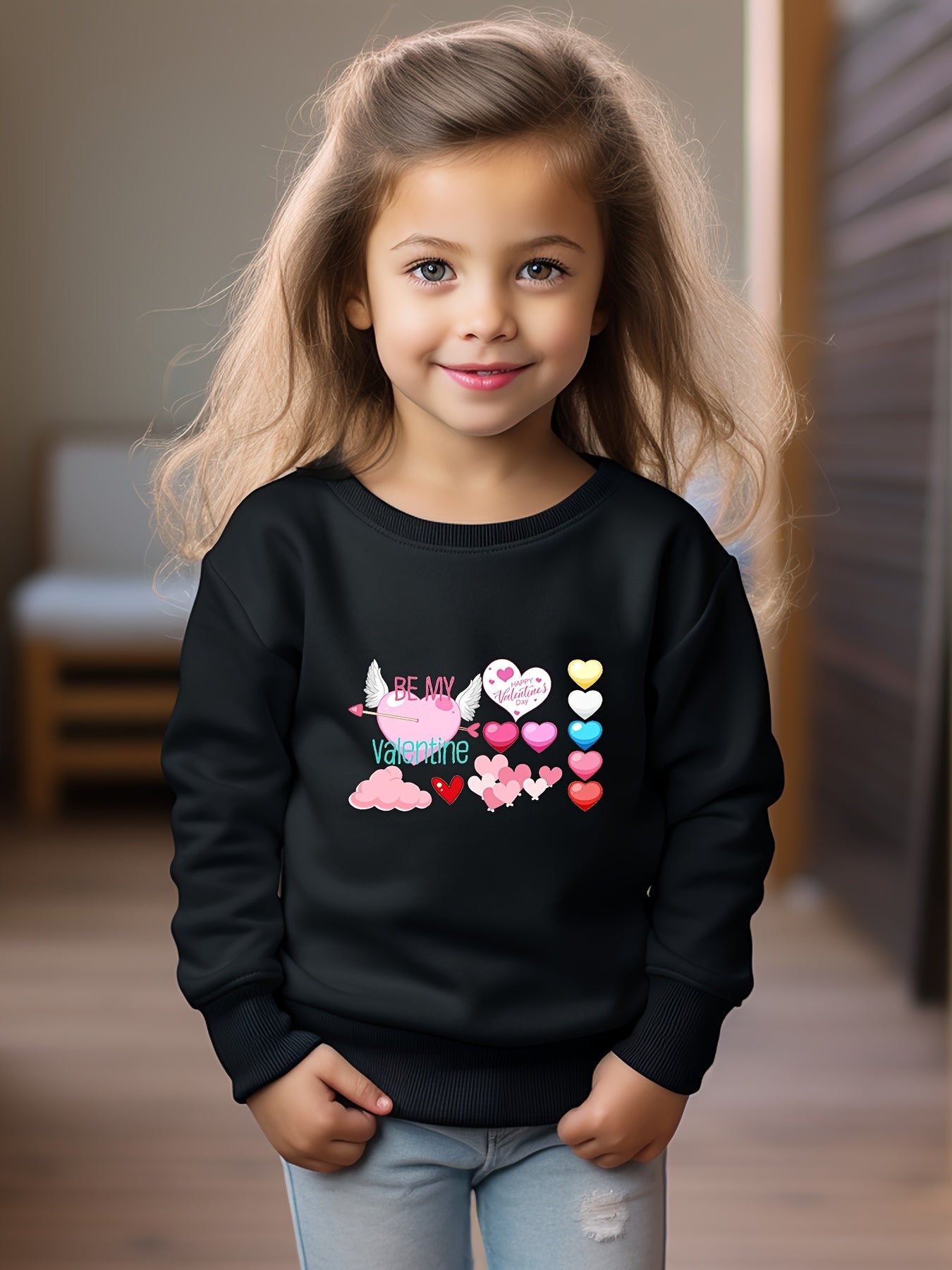 Cartoon Hearts Pattern Crew Neck Long Sleeve Sweatshirt for Girls Kids