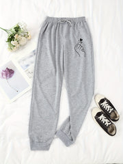 Heart Print Pants Casual Drawstring Elastic Waist Jogger Pants