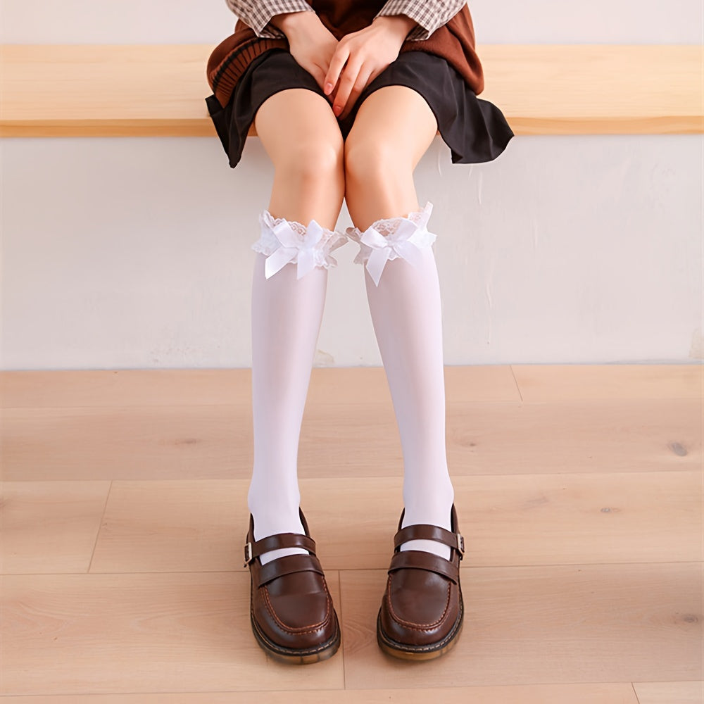 Lace Trim Calf Socks Lolita Bow Knee High Socks Stockings