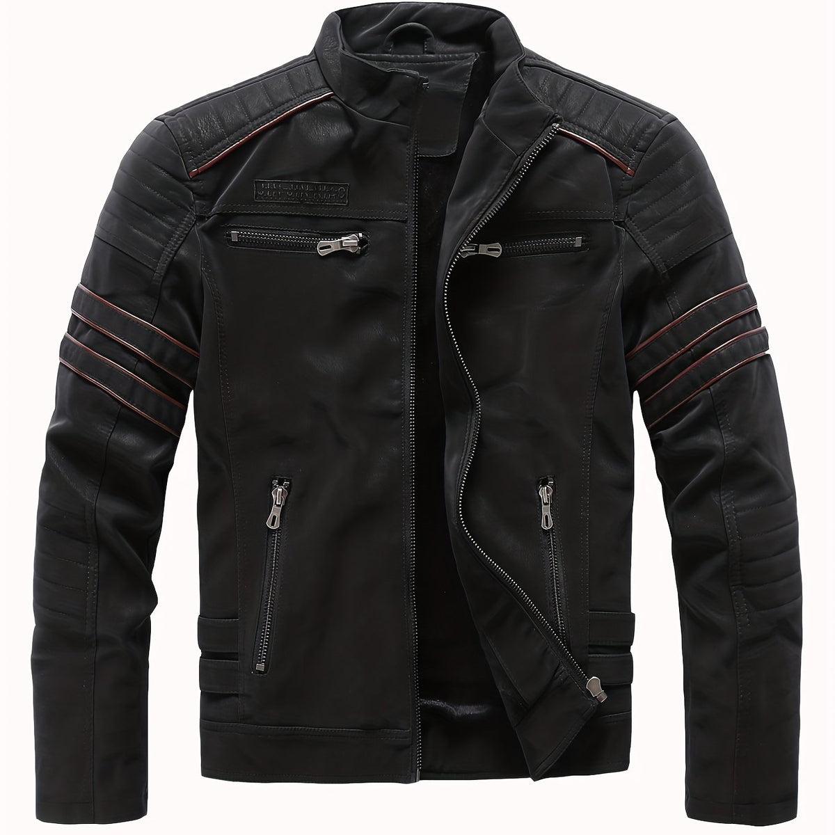 Men's Fleece Biker Jacket PU Leather Zip Up Stand Collar