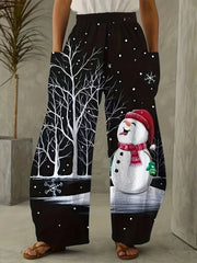 Women's Plus Snowman Print High Rise Wide Leg Trousers