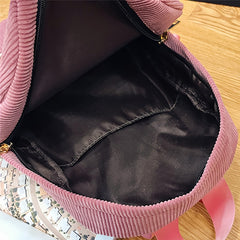 Corduroy Backpack with Letter Patch Solid Zipper Preppy Tassel Decor