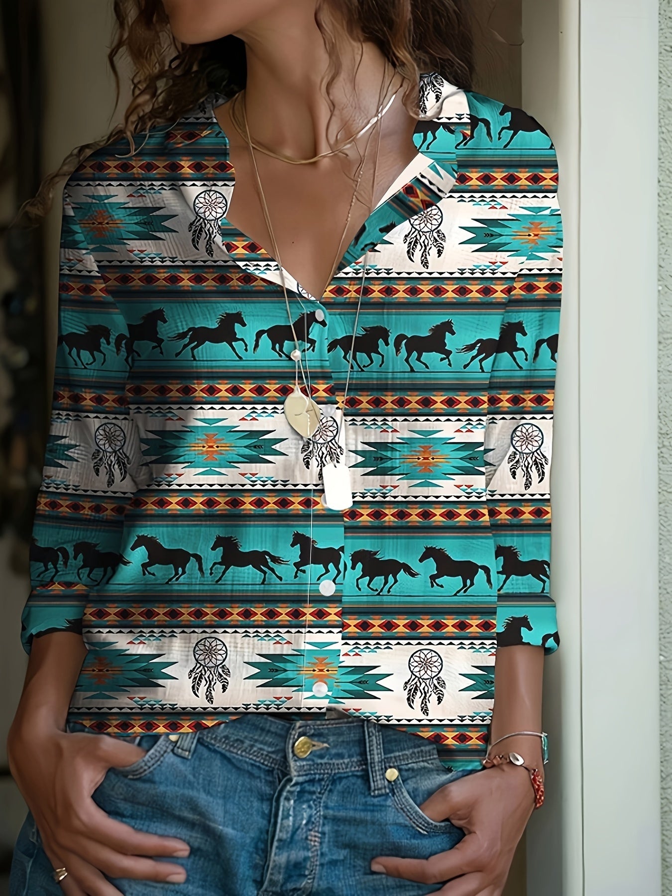  Geometric & Horse Print Button Up Western Style Blouse
