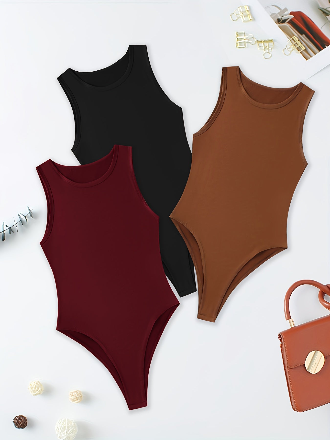 Versatile Sleeveless Bodysuits Crew Neck Slim Summer 3pcs