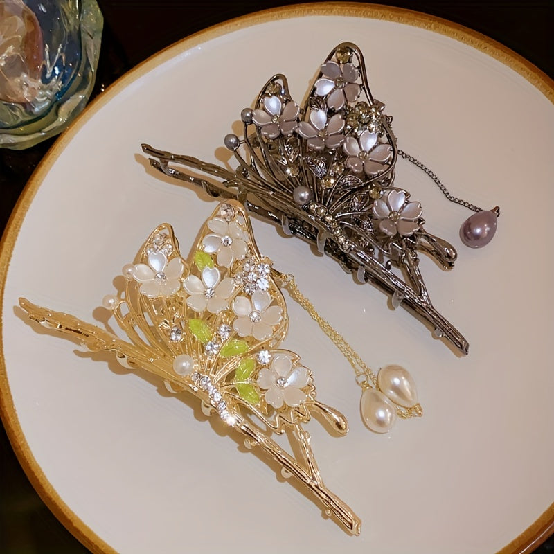 Butterfly Hair Claw Rhinestone Flower Hair Clip with Tassel