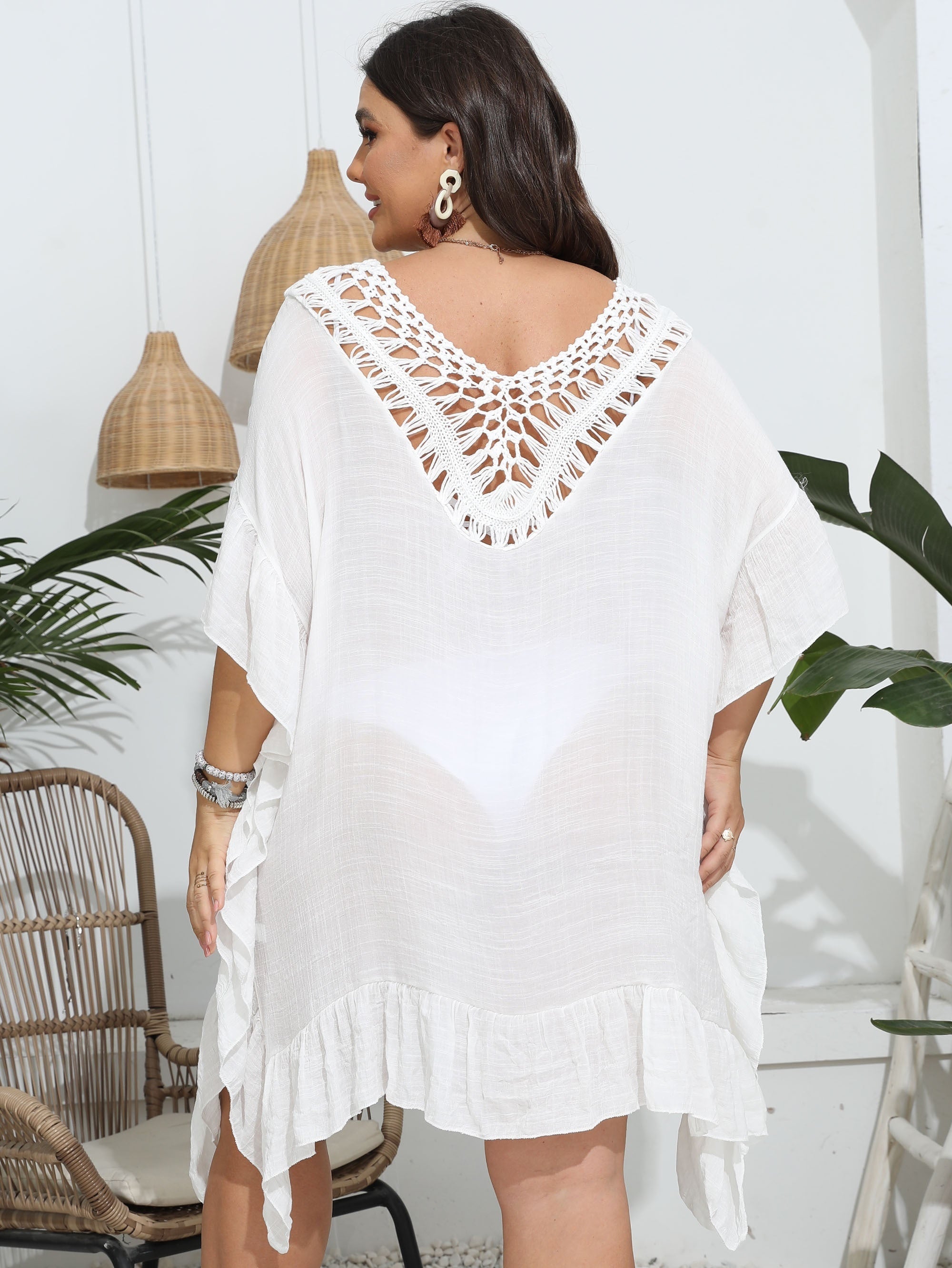  Sexy Cover Up Women's Plus Crochet Batwing Sleeve Split Beach Cover