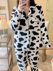 Cow Print Pajama Set Long Sleeve Top & Pants Women's Sleepwear