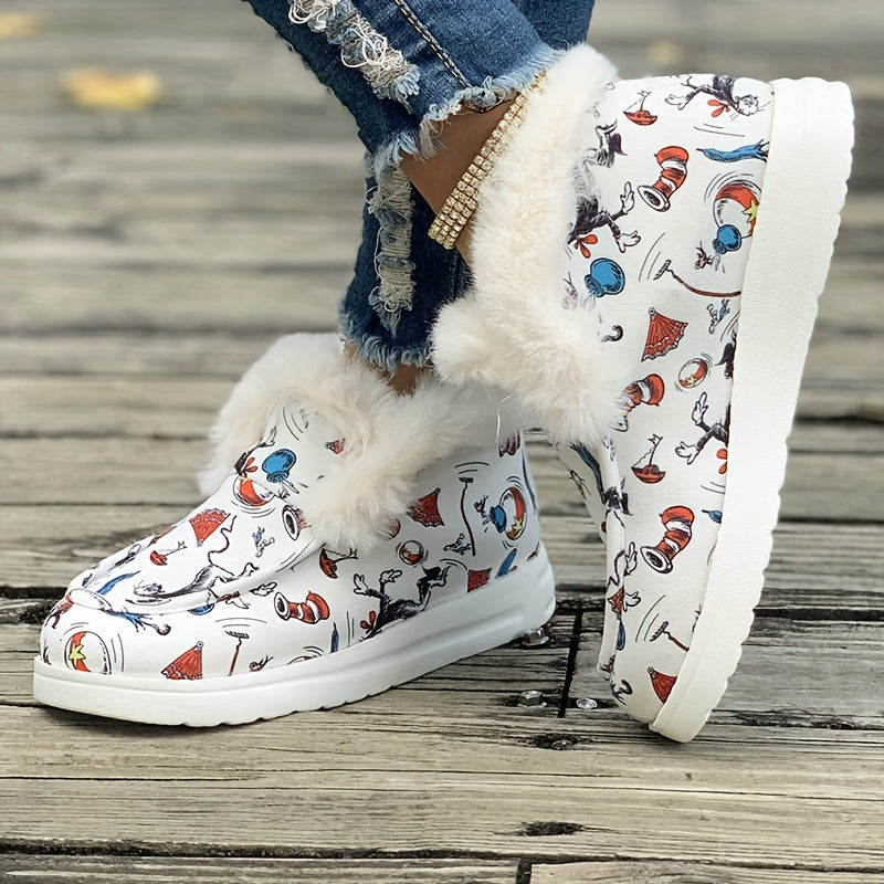 Cartoon Pattern Plush Lined Thermal Furry Snow Boots