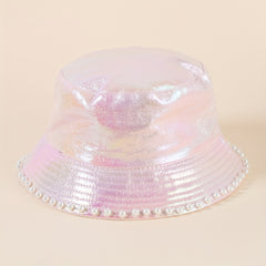 Pink Laser Bucket Hat with Faux Pearl Decor