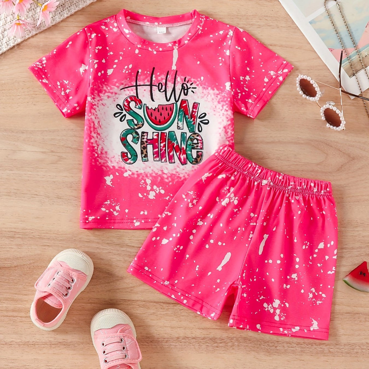 Kid's 2pcs Pajamas T shirt & Shorts Set HELLO SUNSHINE Cartoon Watermelon Print