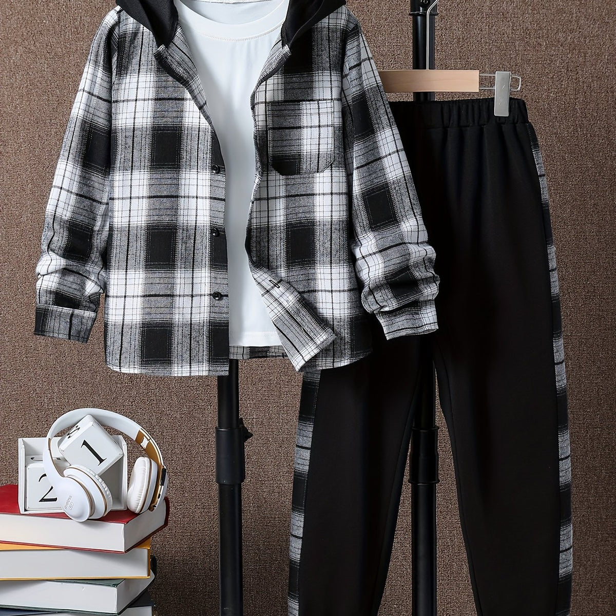 Boy's Plaid Hooded Shirt & Sweatpants Set Street Style Outfits