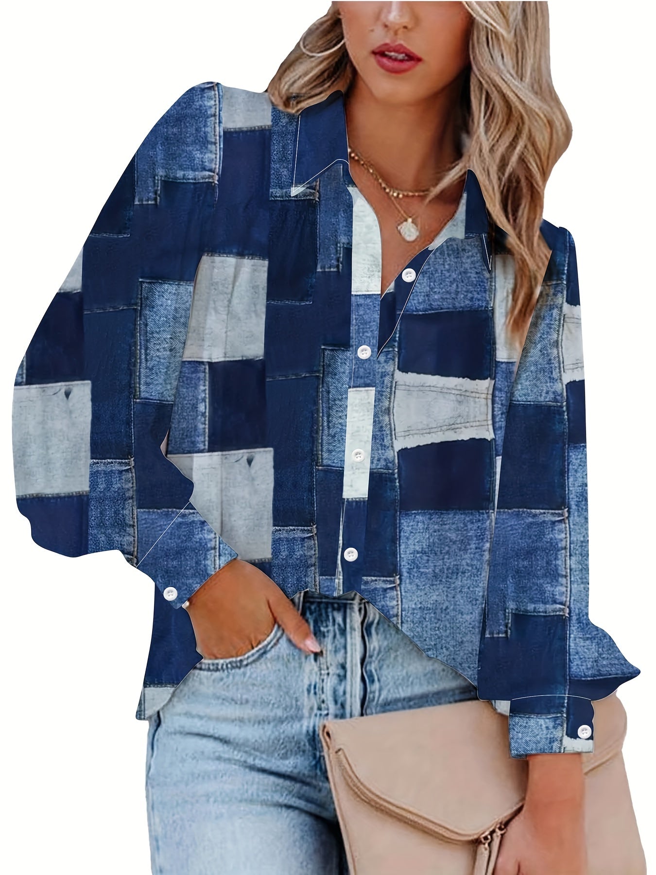  Colorblock Denim Print Button-Up Shirt