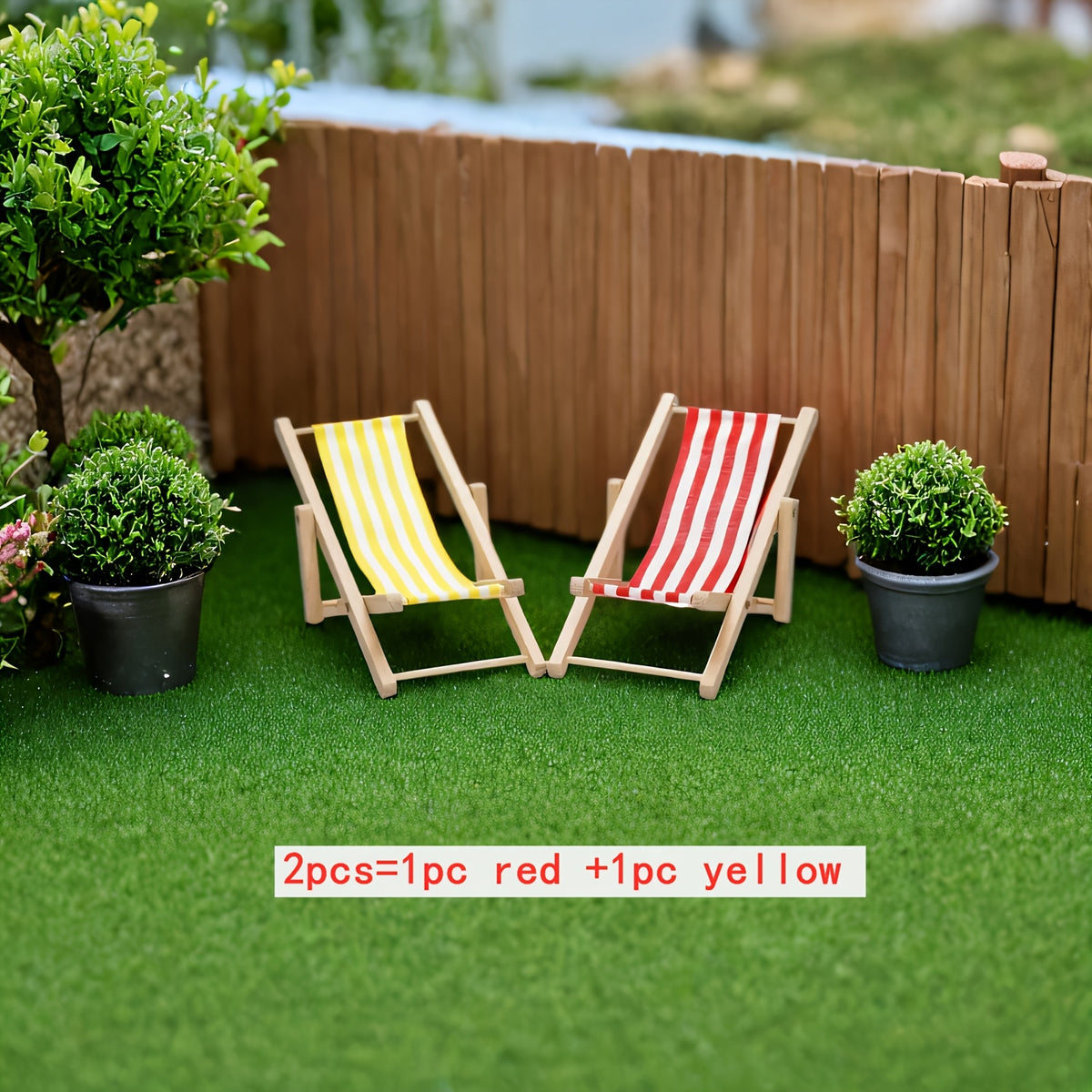 1:12 Scale Wooden Beach Chair w/ Striped Cushions, Foldable Longue Deck Chair