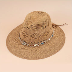 Boho Belt Decor Geometric Crochet Fedora Cap Breathable Summer Beach Hat