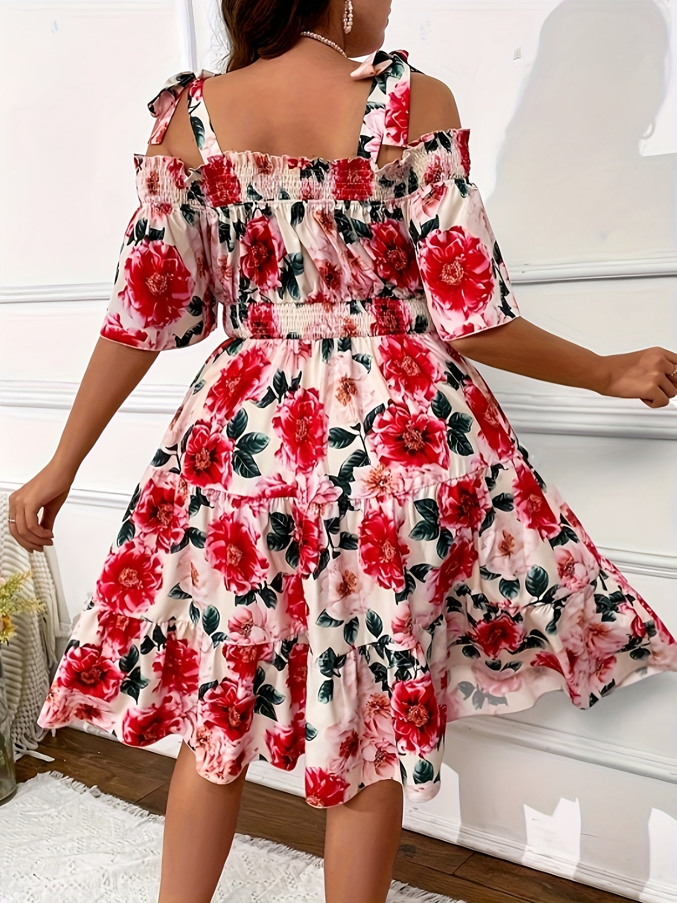  Floral Print Bow Knot Cold Shoulder Smock Dress