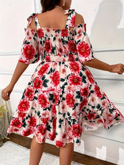  Floral Print Bow Knot Cold Shoulder Smock Dress