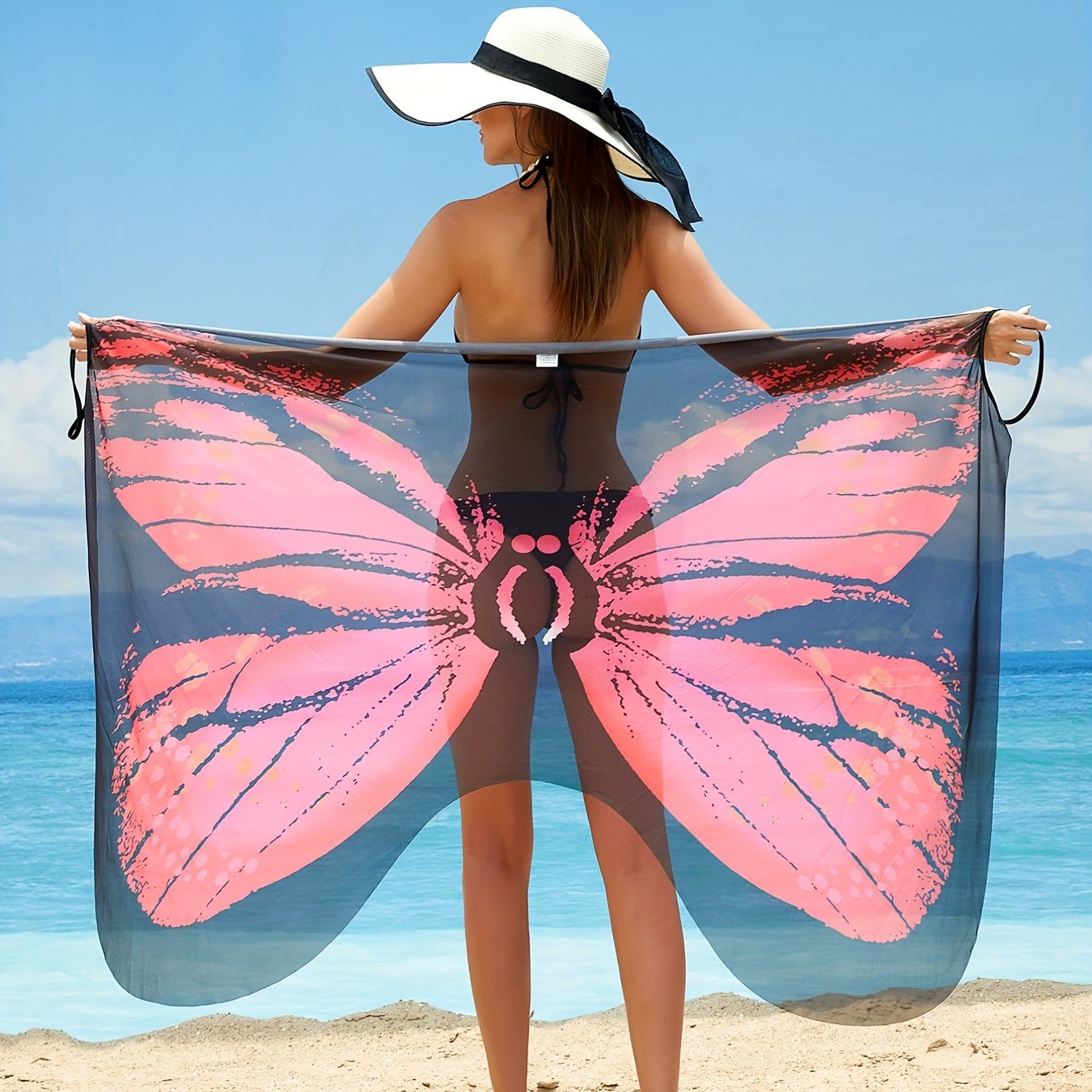 Pink Butterfly Print Sheer Cover Up V Neck Beach Dress