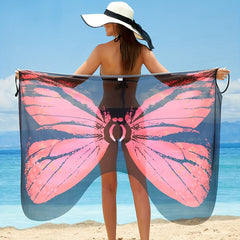 Pink Butterfly Print Sheer Cover Up V Neck Beach Dress