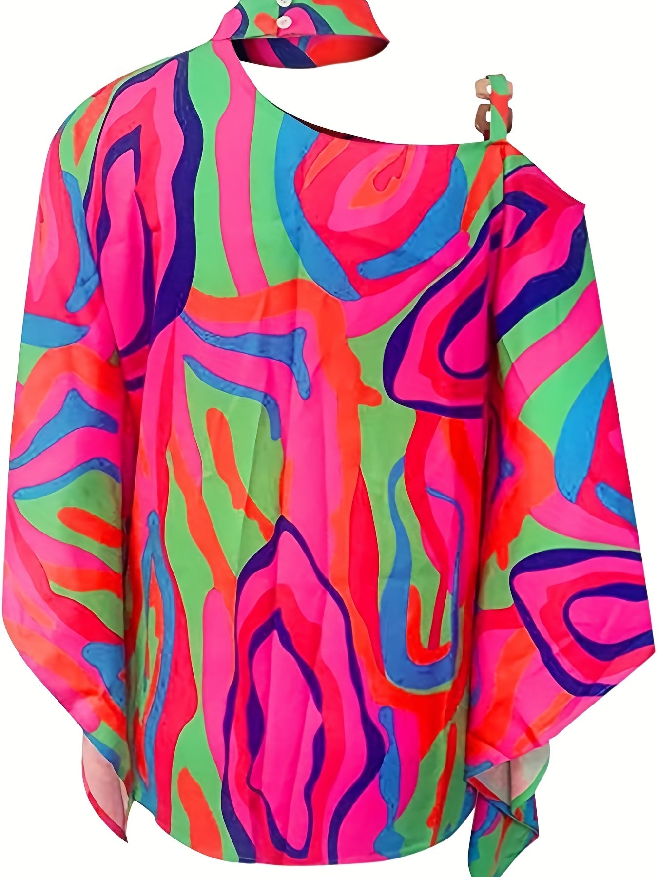  Colorblock Allover Print One Shoulder Blouse