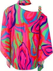  Colorblock Allover Print One Shoulder Blouse