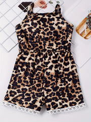 Leopard Lace Trim Cami Rompers Jumpsuits for Toddler Girls
