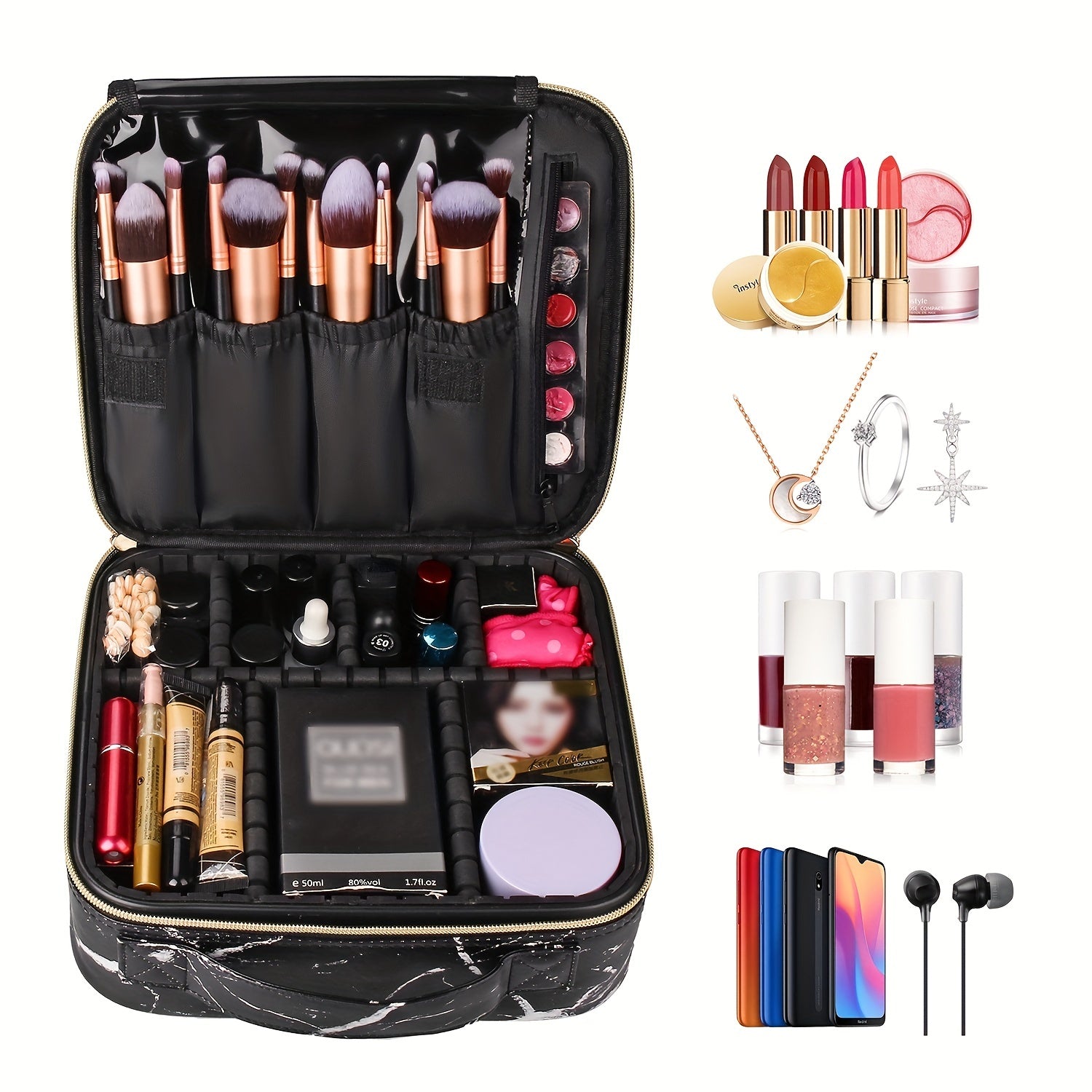 Travel Makeup Train Case Organizer Portable Storage Bag With Adjustable Dividers