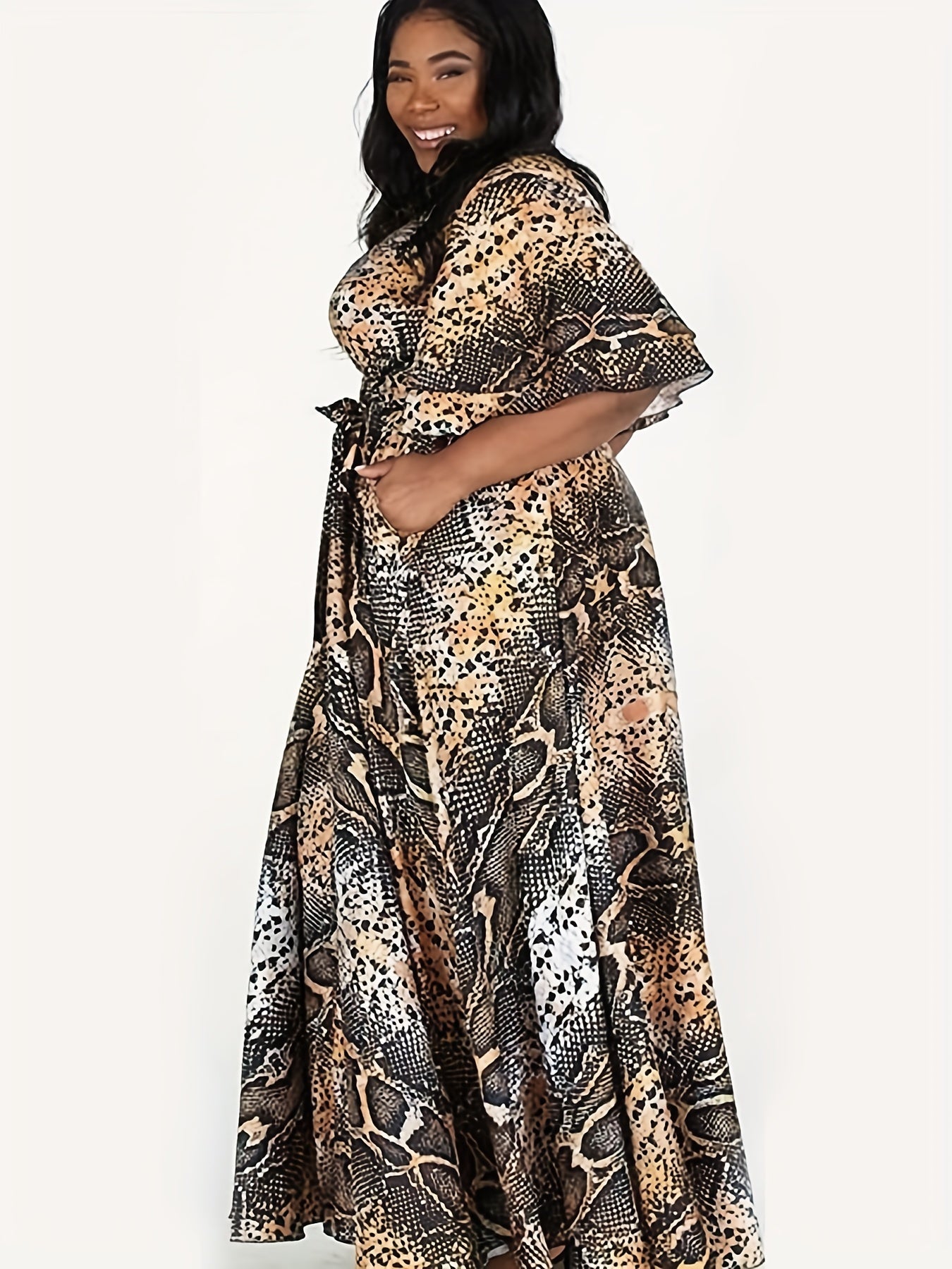  Snake Skin Print Maxi Dress With Belt