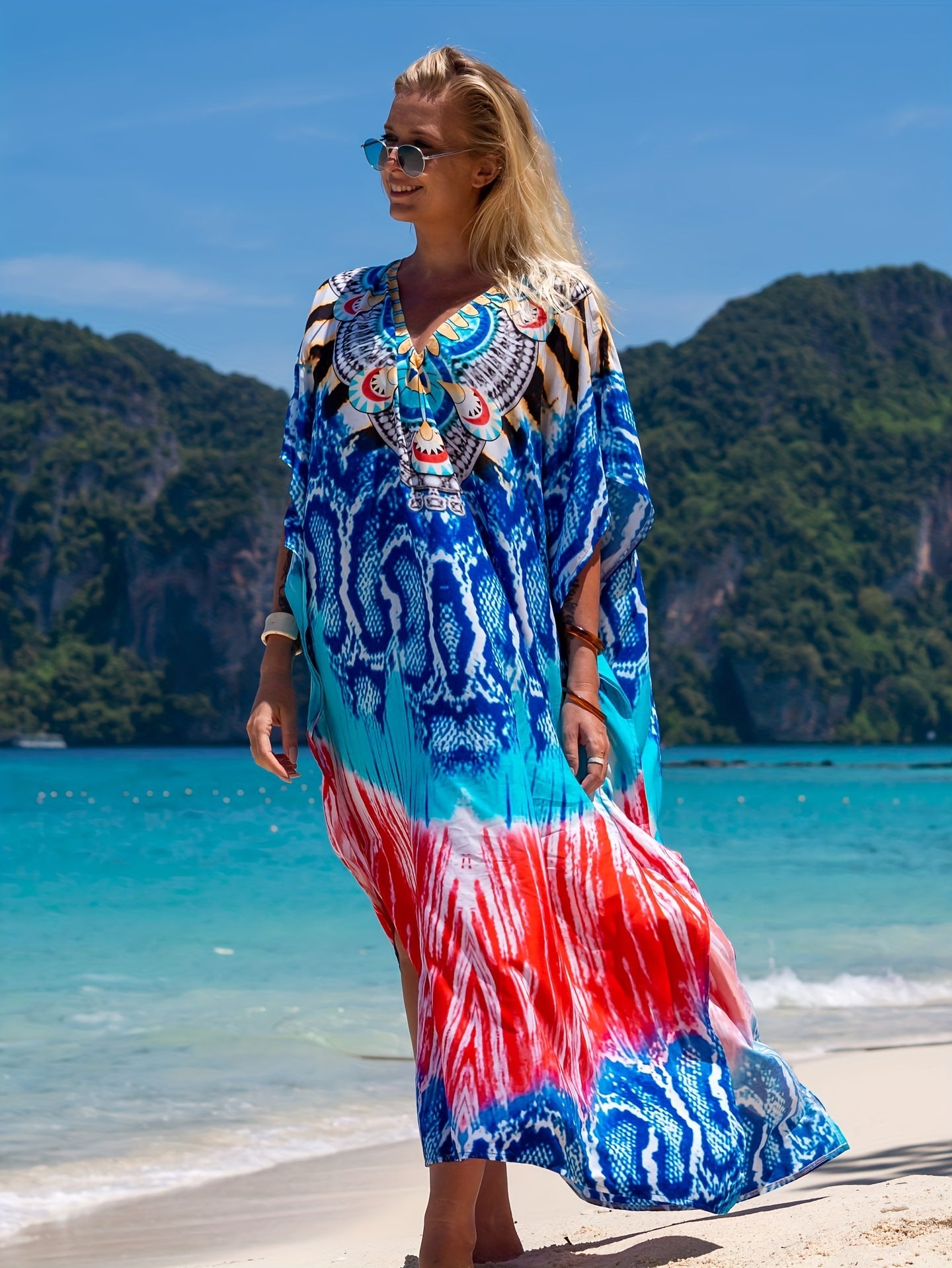  Boho Cover Up Women's Plus Tribal & Leopard Print Batwing Sleeve V Nec