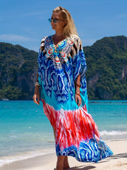  Boho Cover Up Women's Plus Tribal & Leopard Print Batwing Sleeve V Nec
