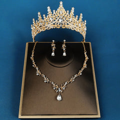 3pcs Set Rhinestone Wedding Crown Necklace Earrings