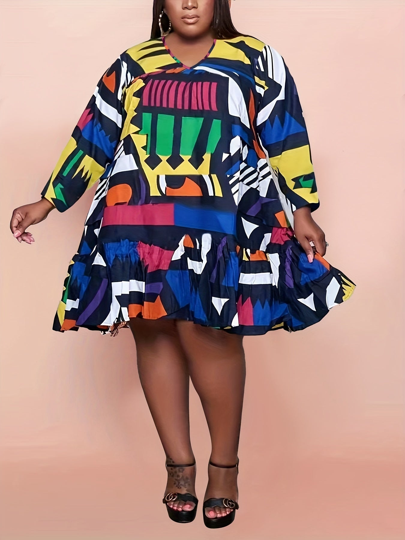  Geometric Print Midi Dress Women's Plus V Neck