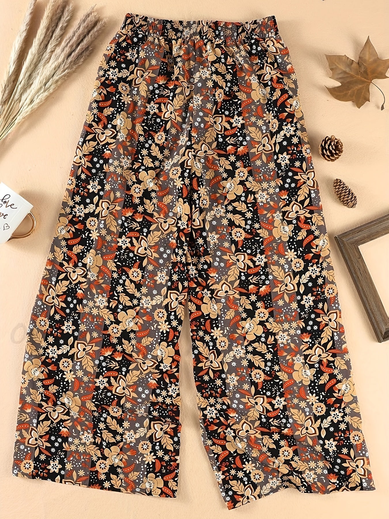 Plus Floral Stripe High Waisted Wide Leg Pants