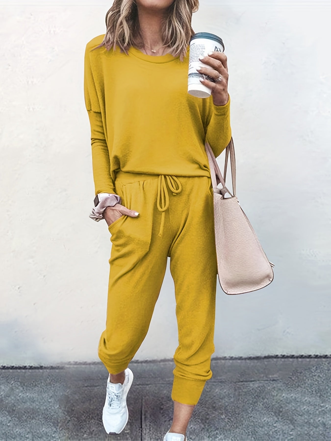 Casual Two-piece Set Long Sleeve T-shirt & Drawstring Pants Outfit