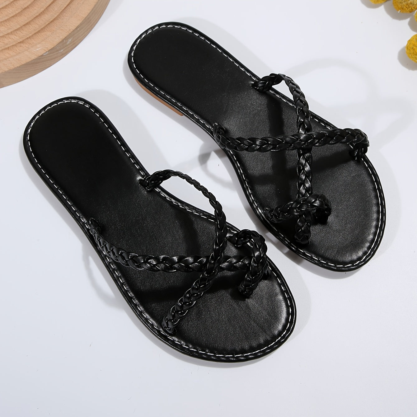Women's Braided Flat Slide Sandals, Toe Loop Slip On Casual Beach Shoes