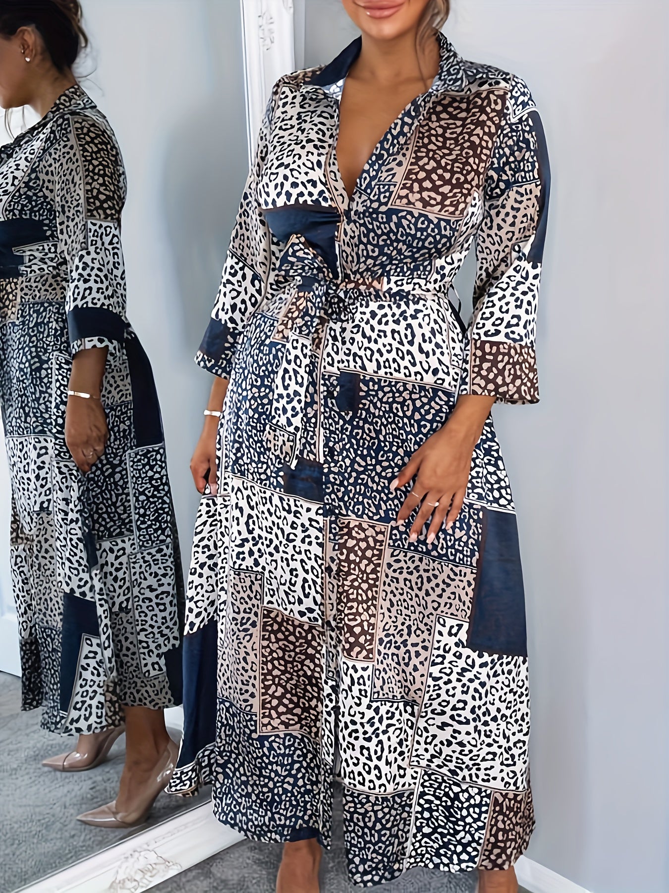  Leopard Print Long Sleeve Button-Up Maxi Shirt Dress
