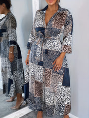  Leopard Print Long Sleeve Button-Up Maxi Shirt Dress