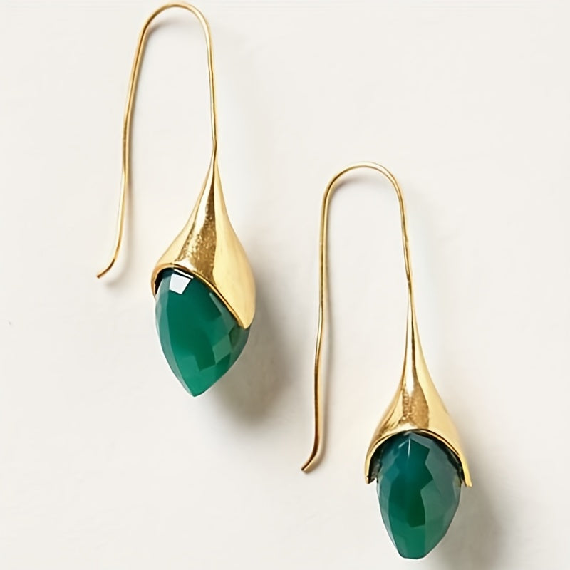 Couples Golden Plated Green Gemstone Earrings Unisex Jewelry