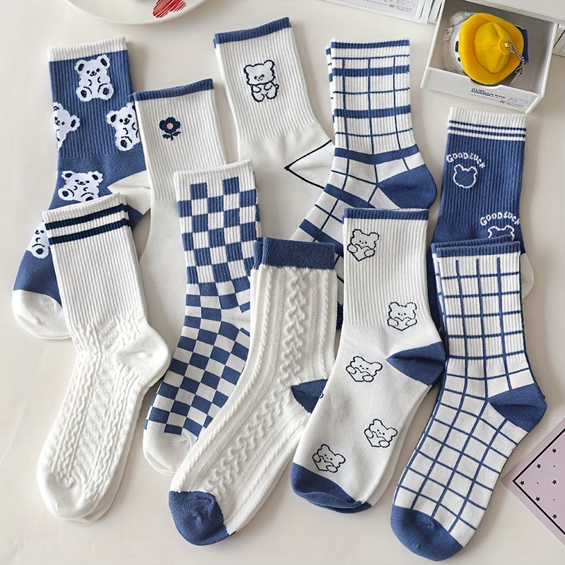 3 Pairs Bear & Plaid Print Socks Comfy & Mid Tube Socks Women's Stockings
