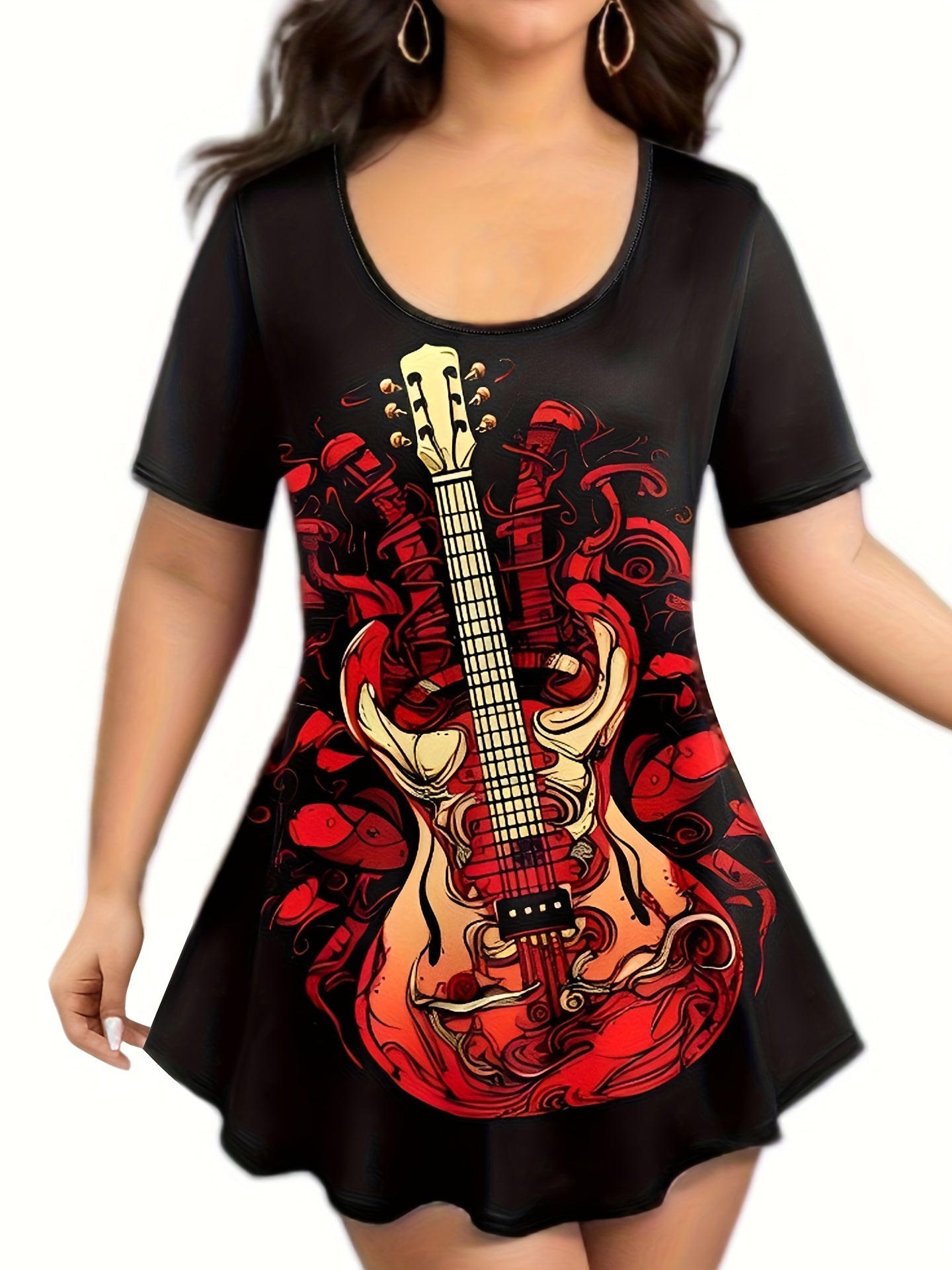  Gothic Guitar Print Top & Flared Pants Set