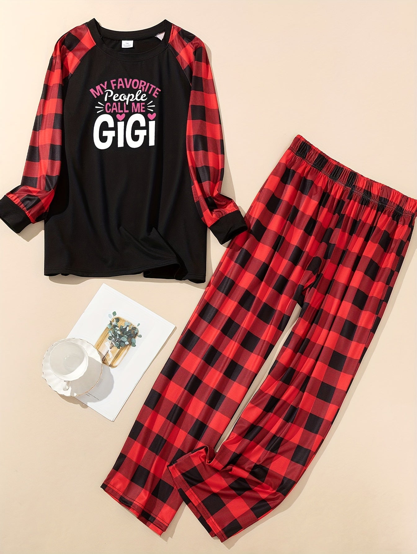  Slogan Print Plaid Lounge Set Tee & Pants Pajamas