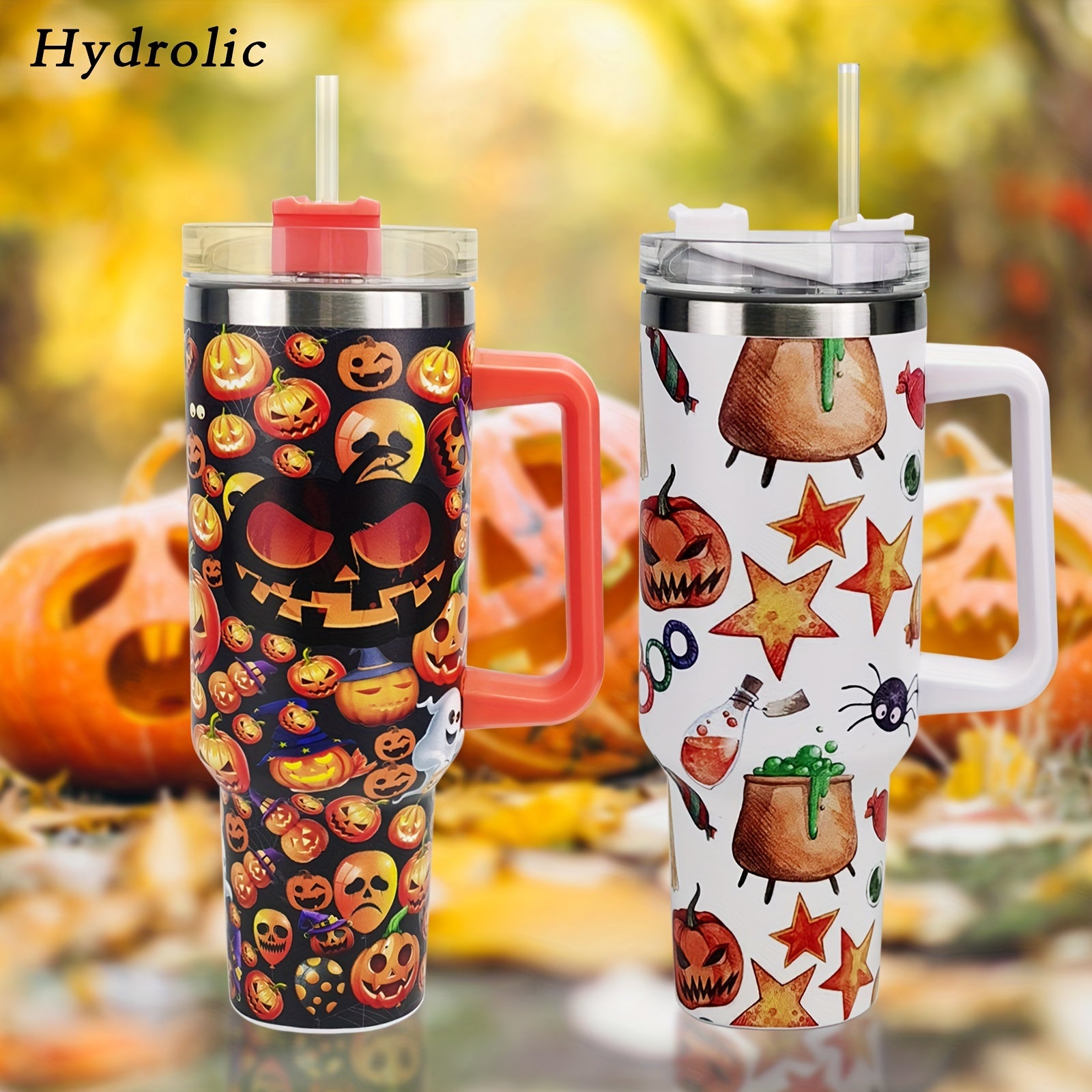 Halloween Pumpkin Print Tumbler 40oz Car Cup with Straw & Handle