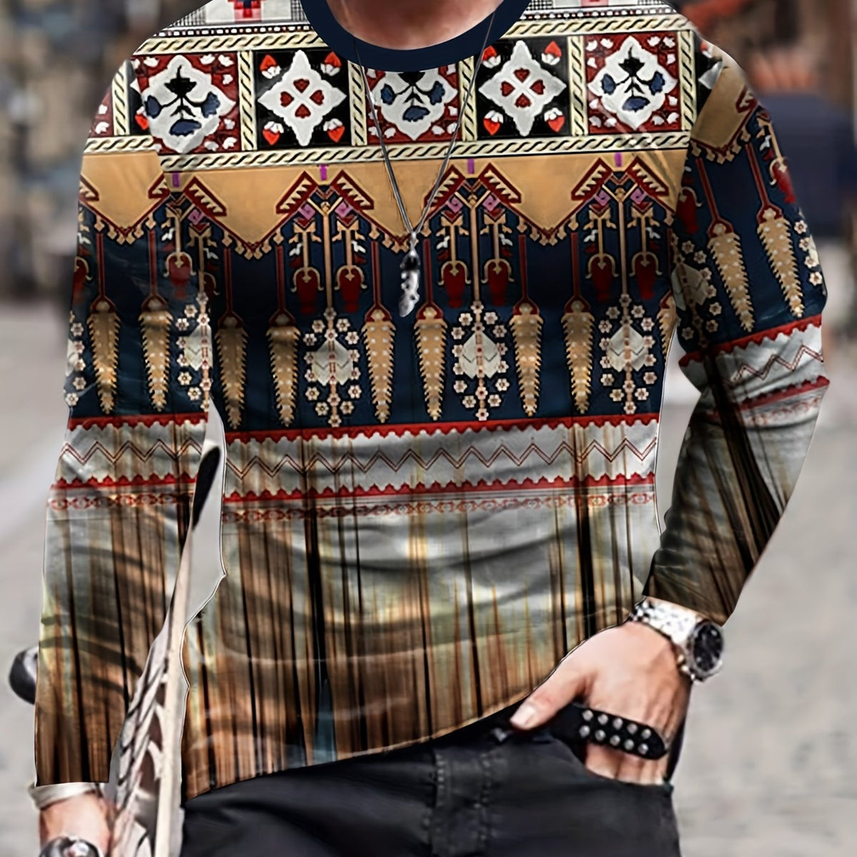 Ethnic Style Pattern Men's Long Sleeve Vintage Novelty T-shirt