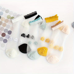 5 Pairs Floral Print Mesh Socks Women's Ankle Stockings Lightweight & Breathable