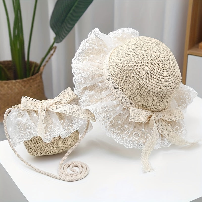 Kids Summer Straw Hat with Lace, Sunscreen Protection