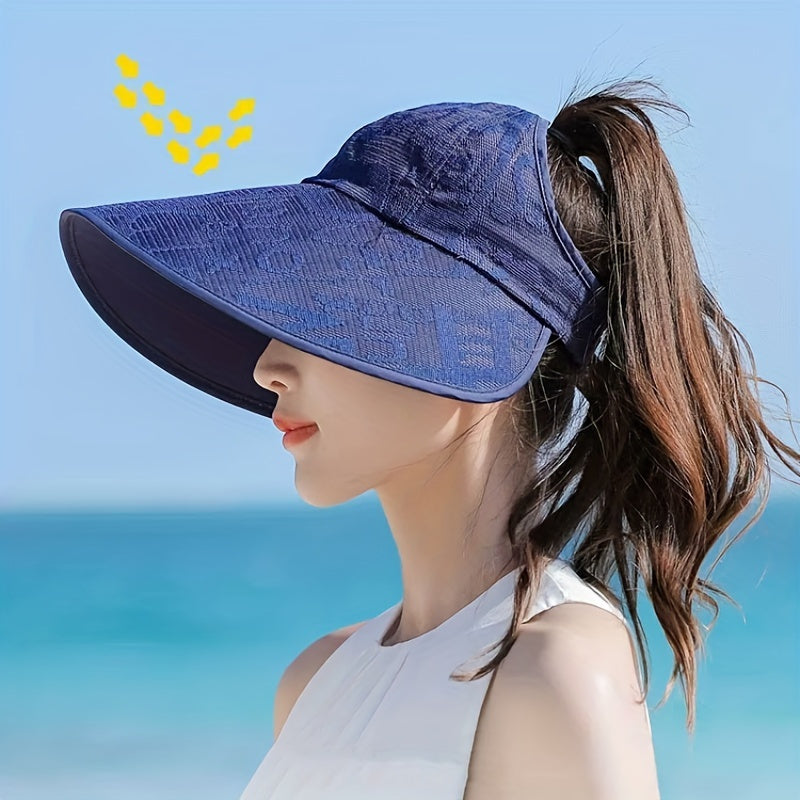 Letter Jacquard Ponytail Visor Hat Wide Brim Sunscreen Cap